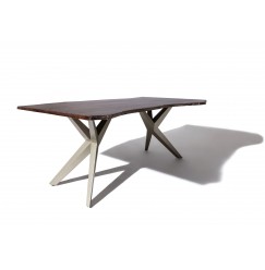 METALL Étkezőasztal 220x100x76, lakkozott, ezüst lábakkal (matt), akácfa, barna